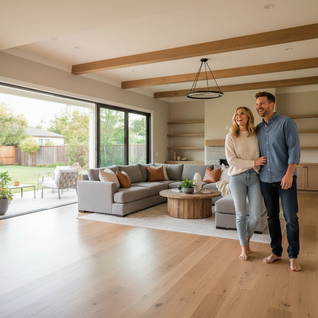 Contractor and homeowner reviewing blueprints inside framed new home construction in Palm Beach Gardens