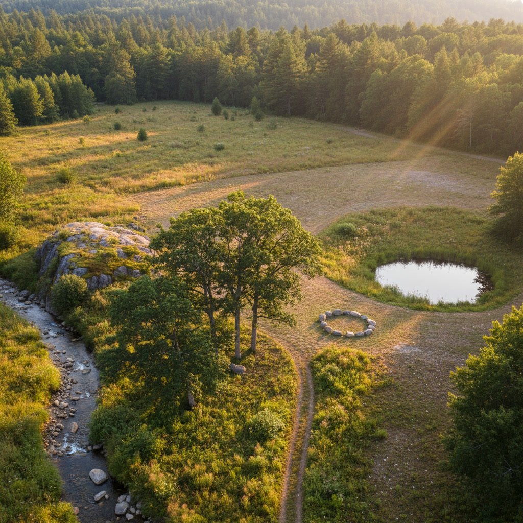 Wooded custom home lot showing existing tree canopy and natural drainage patterns