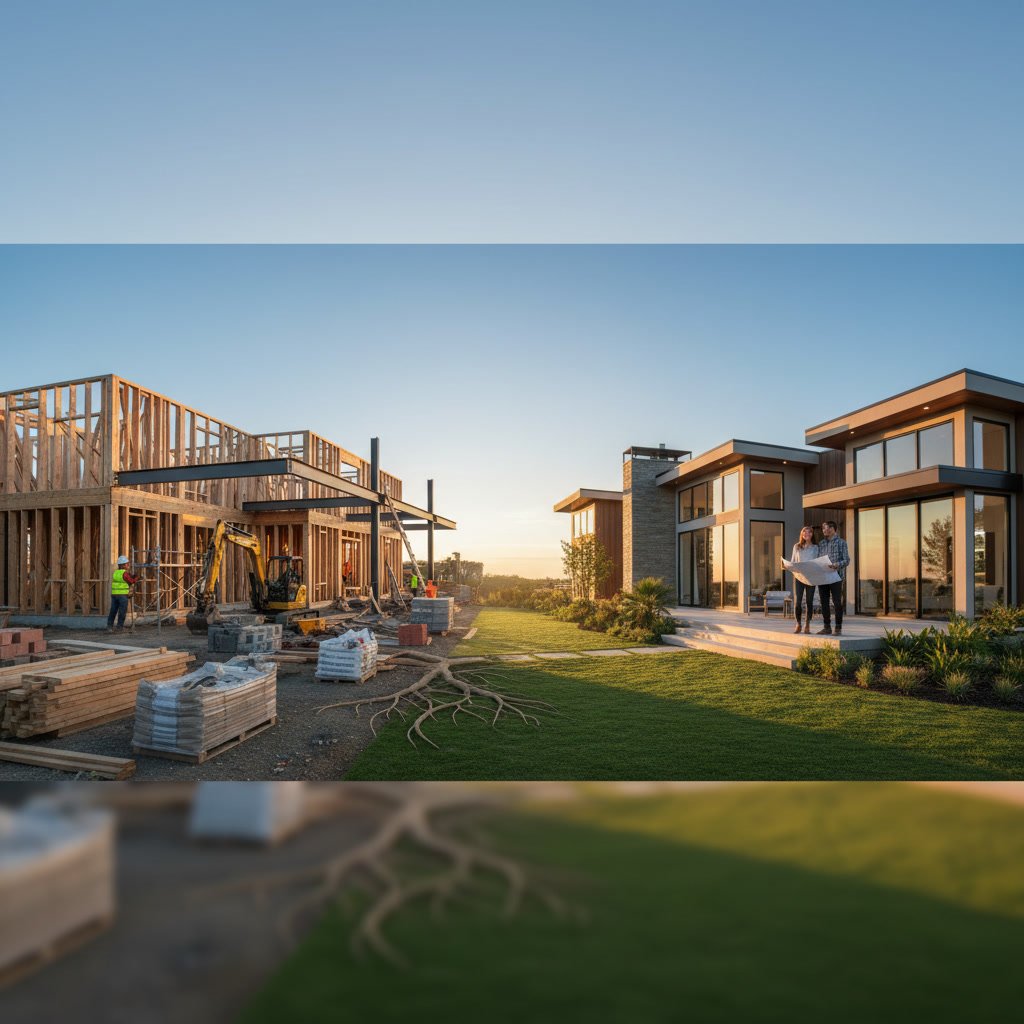 Modern custom home under construction in Southeast Florida with exposed framing