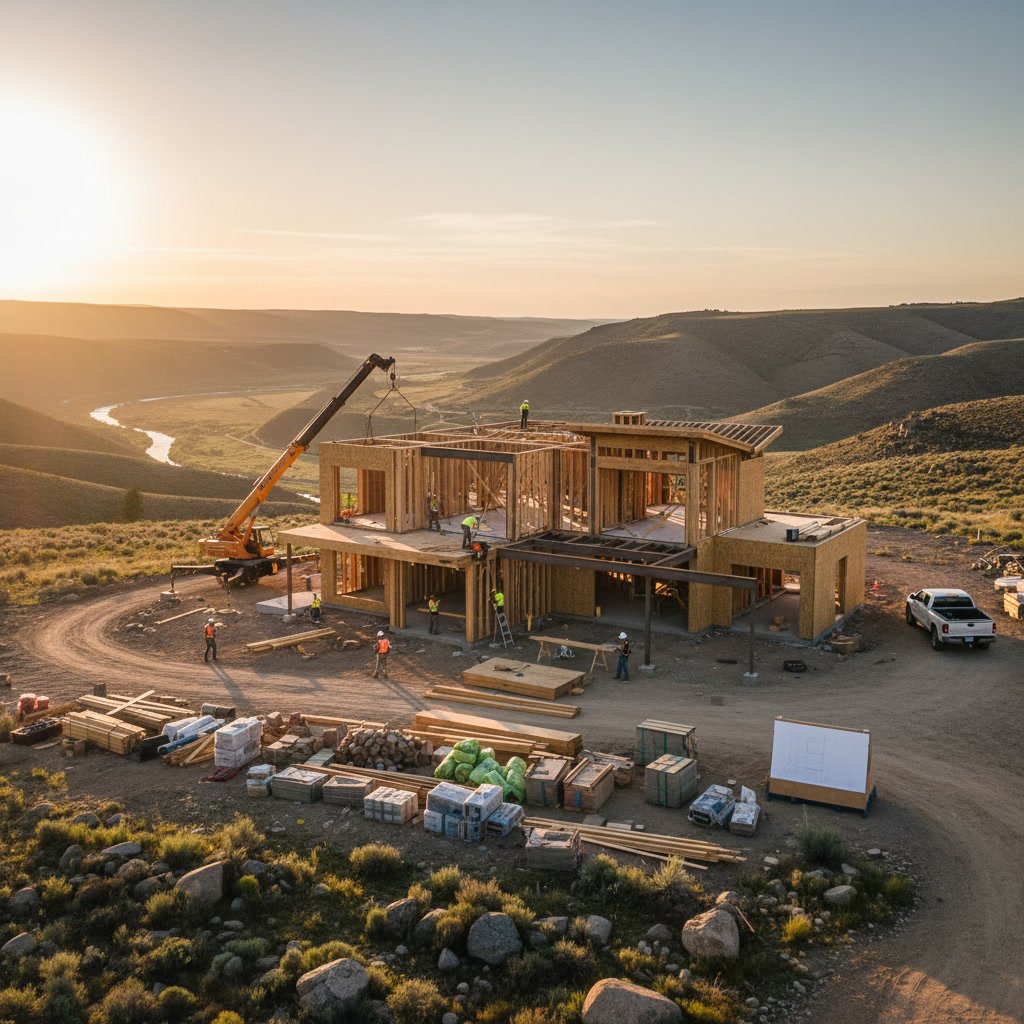 Custom home framing on-site with exposed wood structure and ocean view