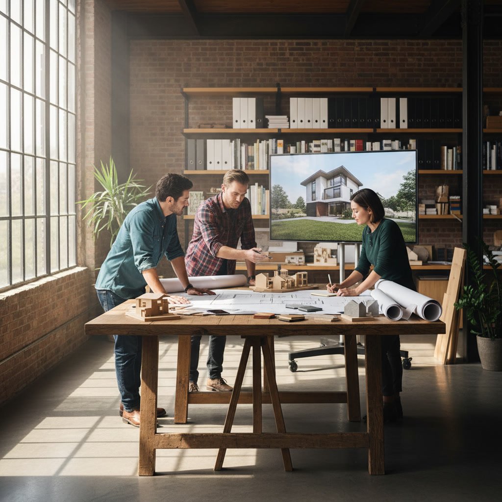 Custom home builder reviewing architectural plans with homeowner