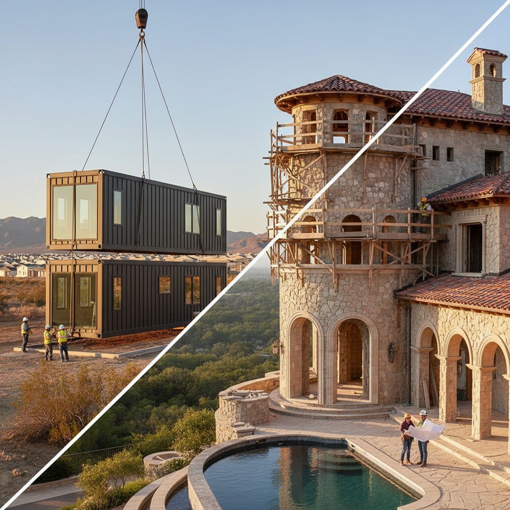 Comparison of modular home assembly and custom home construction site