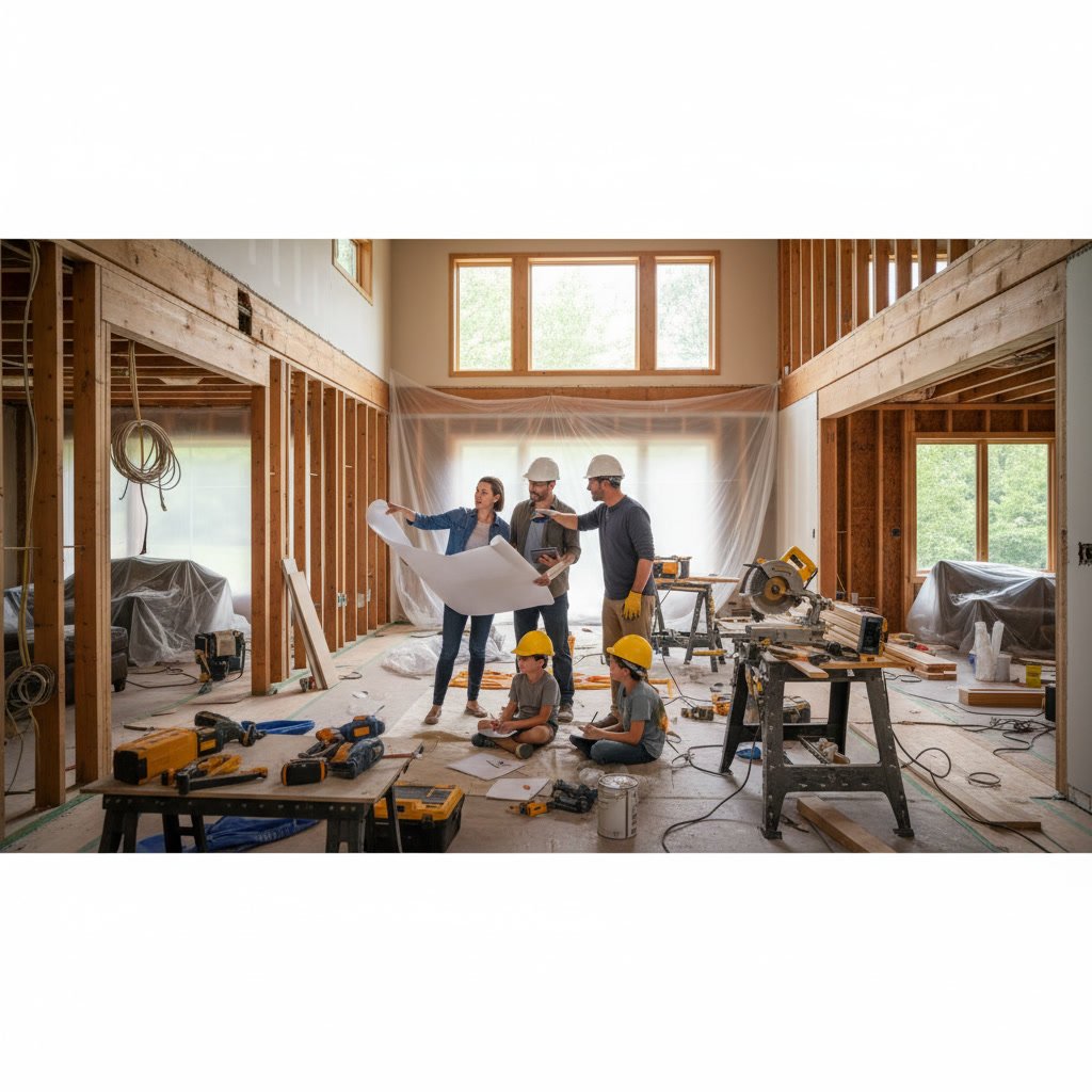 Modern whole home remodel in progress with family living areas protected and maintained